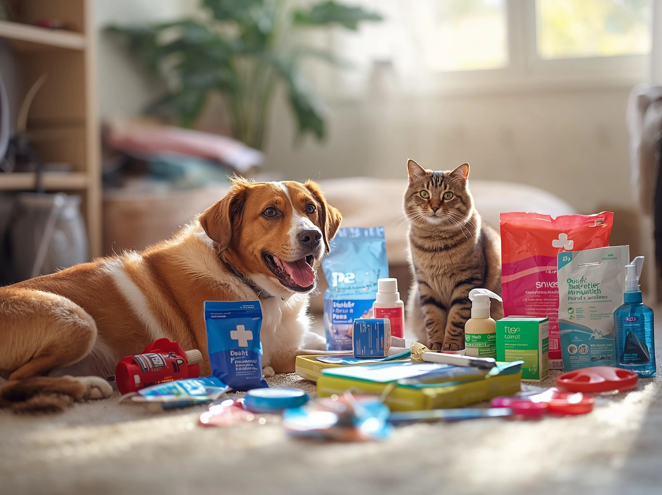 Dog and cat with pet supplies, veterinary items, and household expenses representing hidden pet ownership costs.