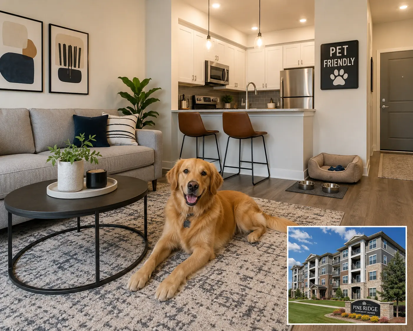 Dog in a pet-friendly apartment with apartment pet fees, pet rent, deposits, screening, and hidden costs