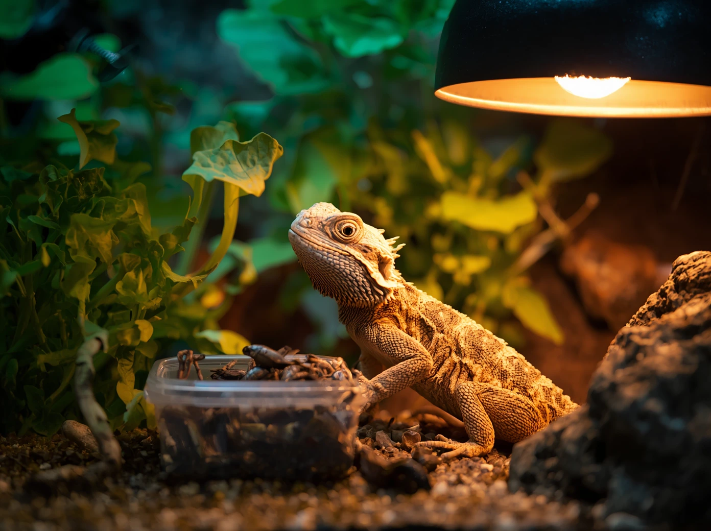 Bearded dragon beside feeder insects, greens, UVB lighting, heat lamp, and reptile care supplies.