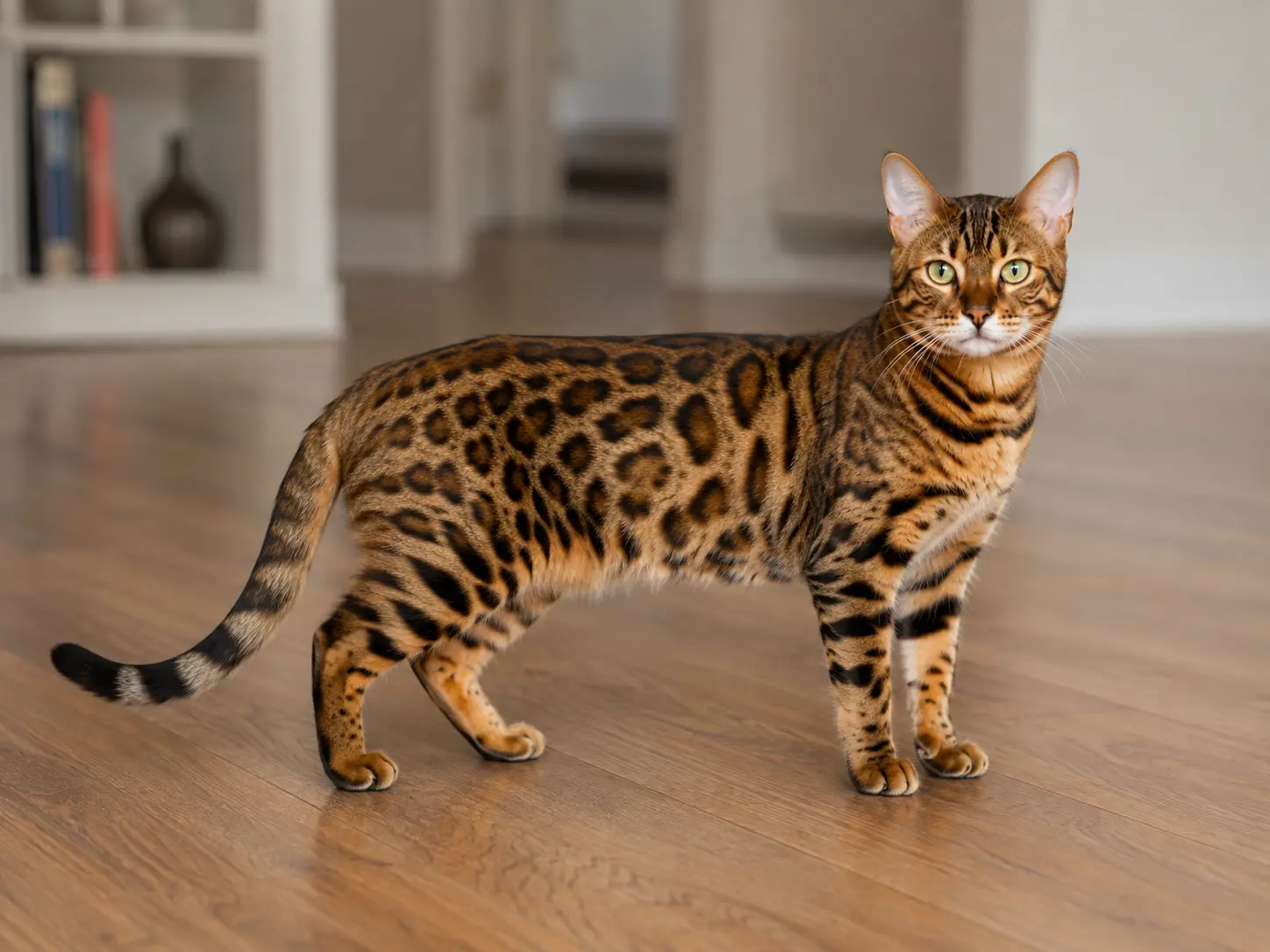 A full-body Bengal cat with a golden coat, bold dark rosettes, green eyes, and a long ringed tail stands alert on a wooden floor inside a softly blurred modern home.