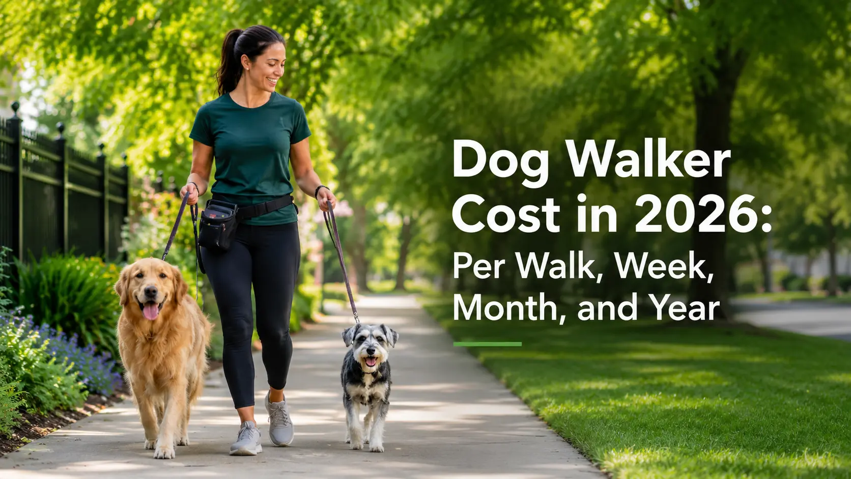 Professional dog walker walking two dogs on a tree-lined park path
