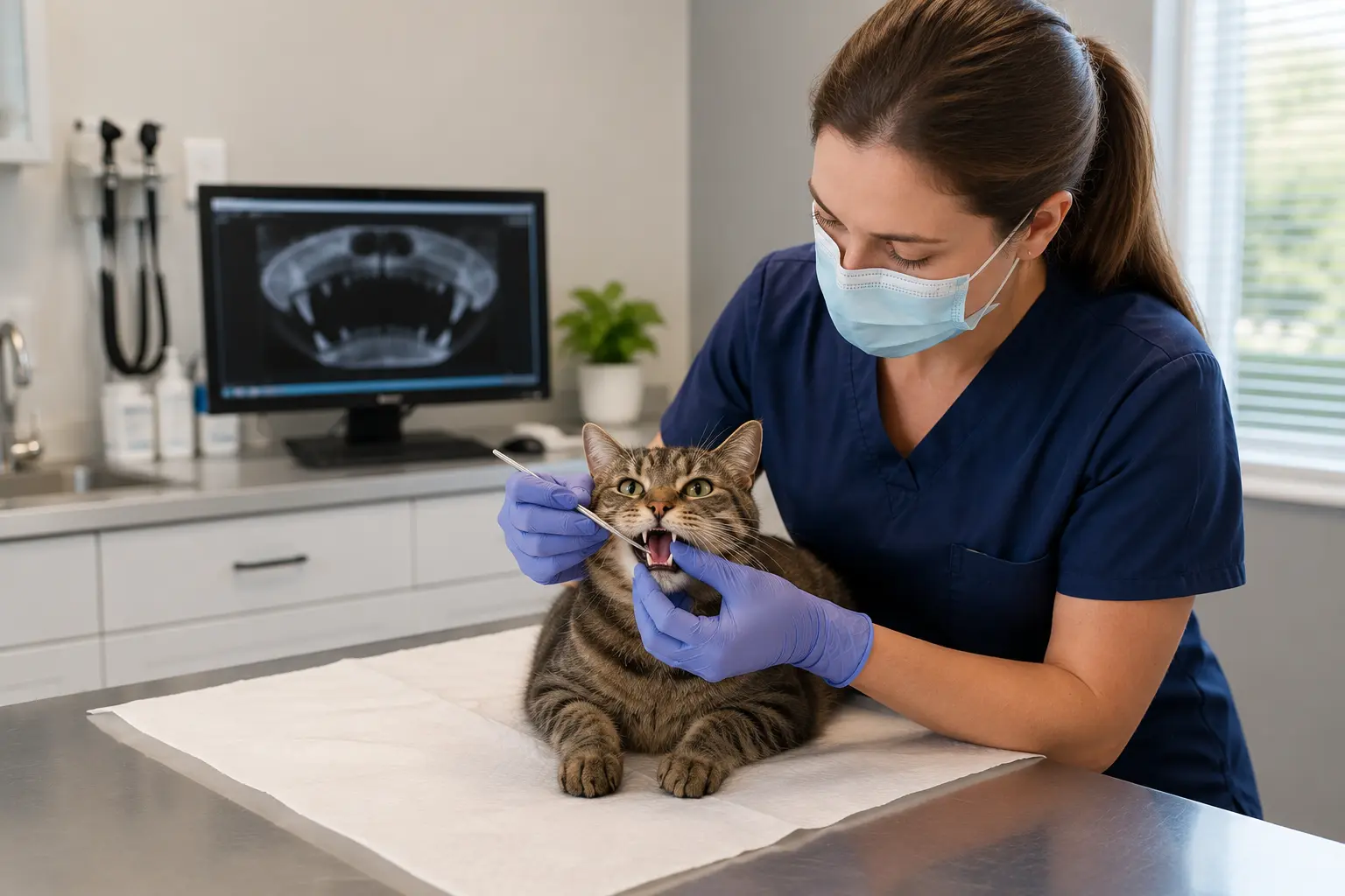 A veterinarian gently examines a tabby cat’s teeth in a clean, modern veterinary clinic while a dental X-ray appears on a nearby monitor.