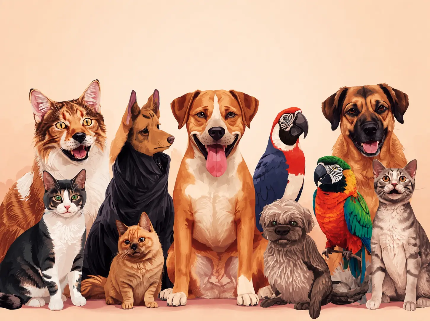 Hamster, cat, dog, Bird and other common pets grouped together
