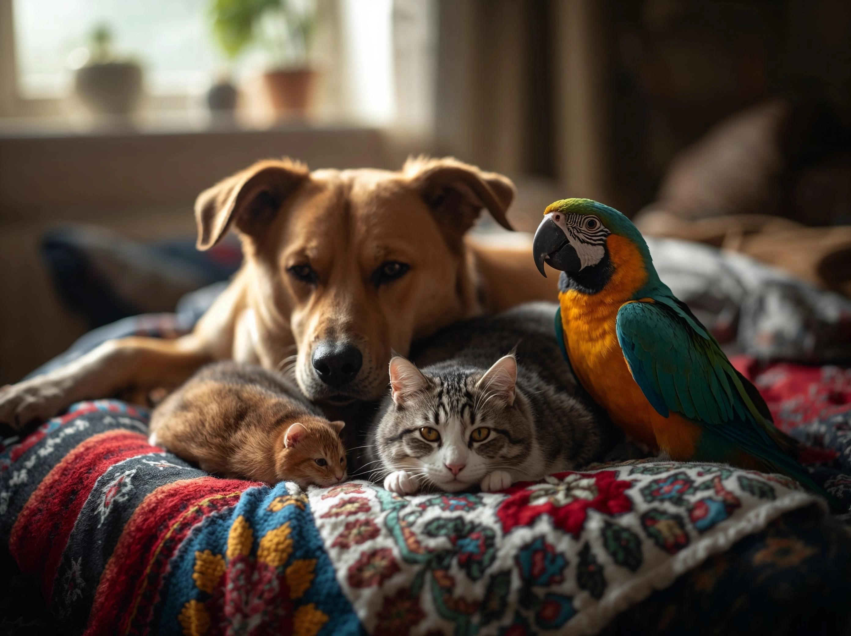 Hamster, cat and small dogs representing affordable pet ownership options