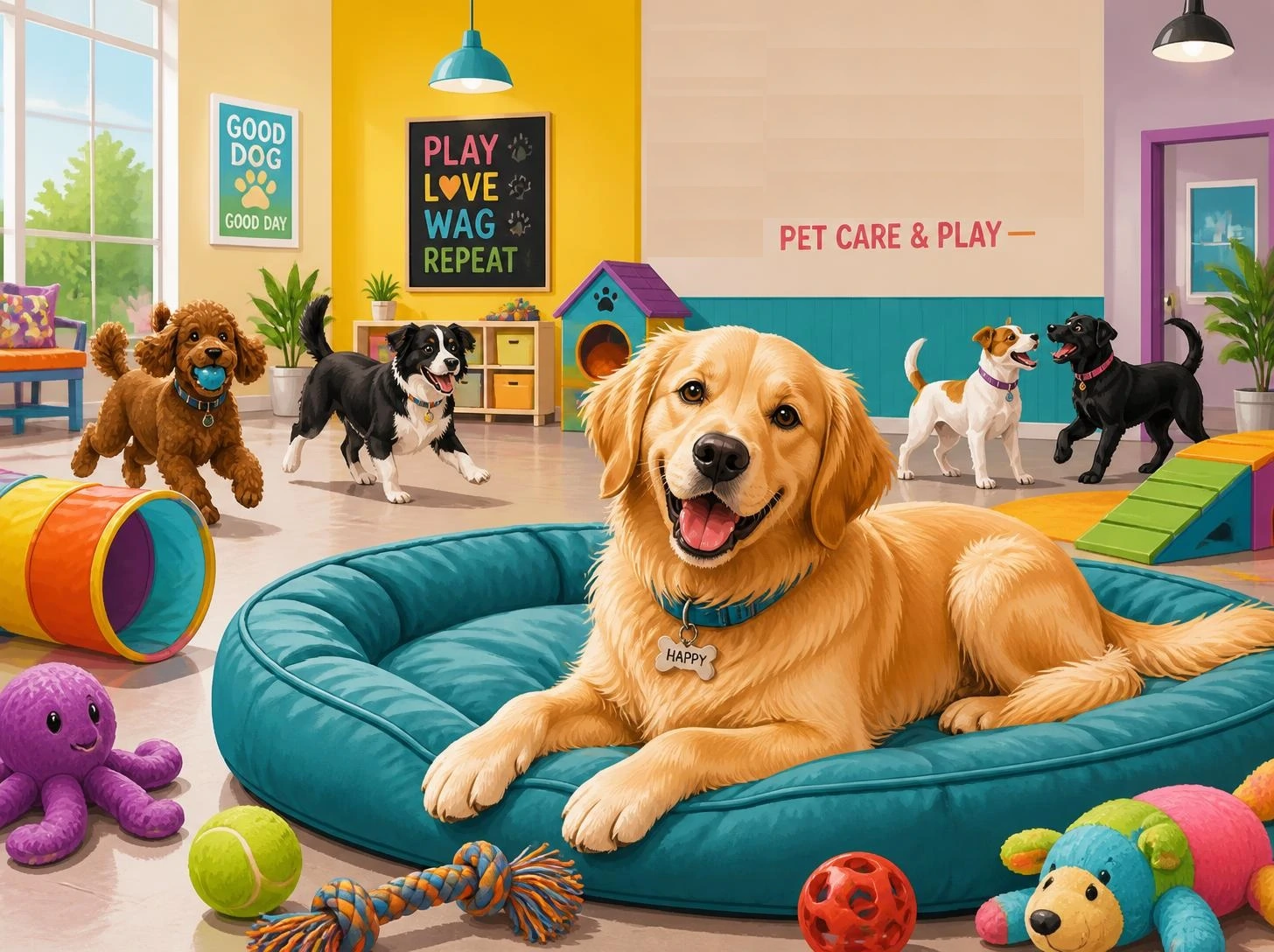 Dog resting inside a boarding kennel at a pet care facility