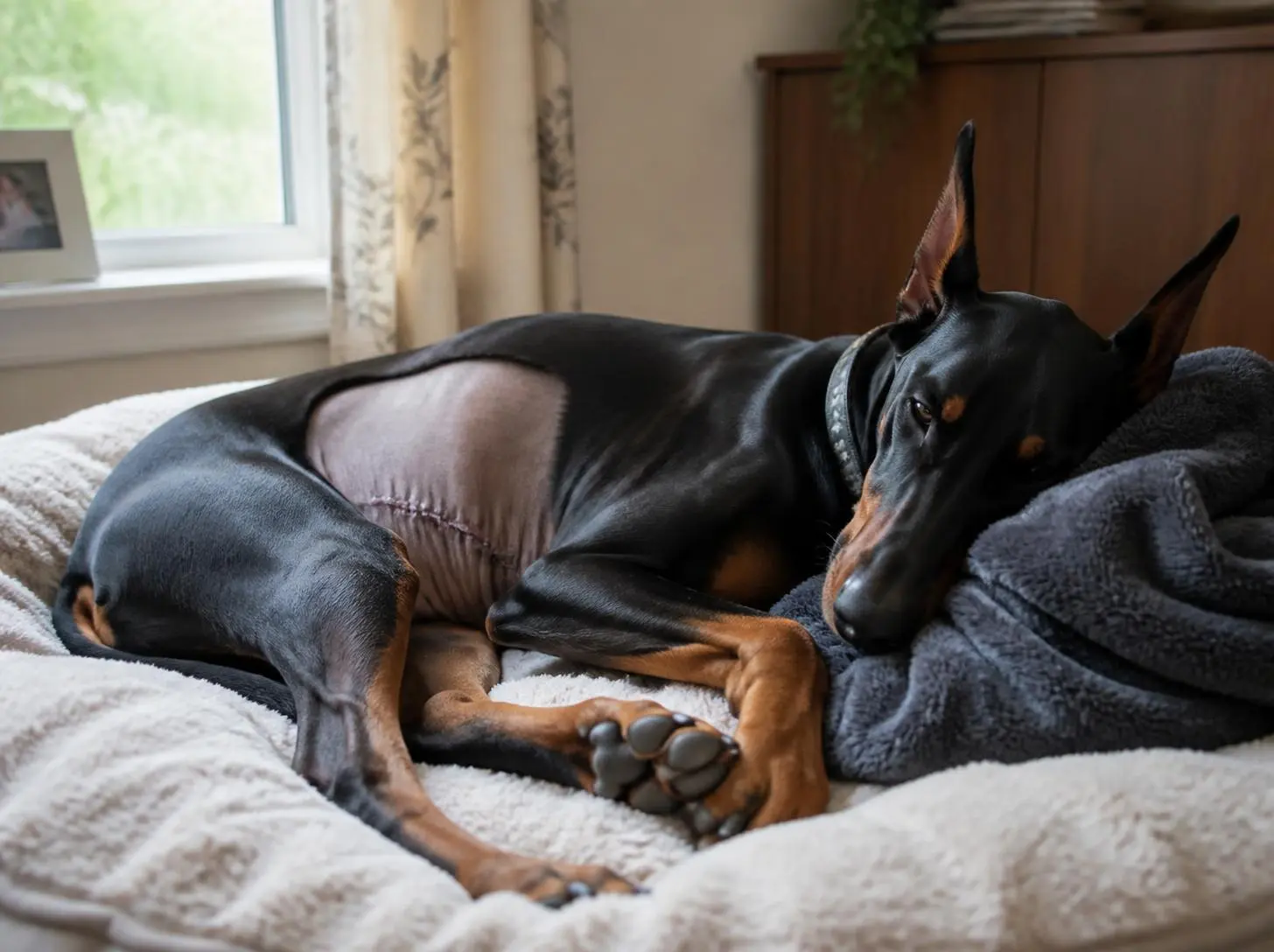 Large dog at a veterinary hospital before a preventive gastropexy procedure.