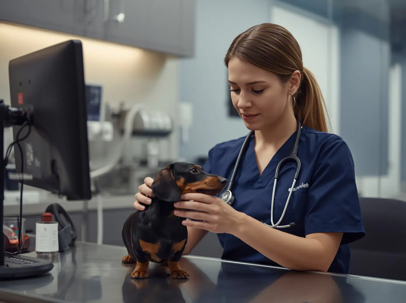 Veterinarian examining a soft lump on a dog before testing and surgical removal.