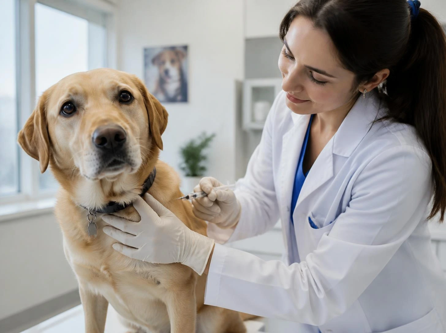 Dog receiving a rabies vaccination from a veterinarian in a veterinary clinic