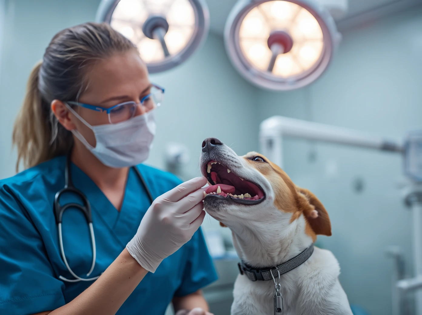 Veterinarian examining a dog's teeth in a veterinary dental treatment room.