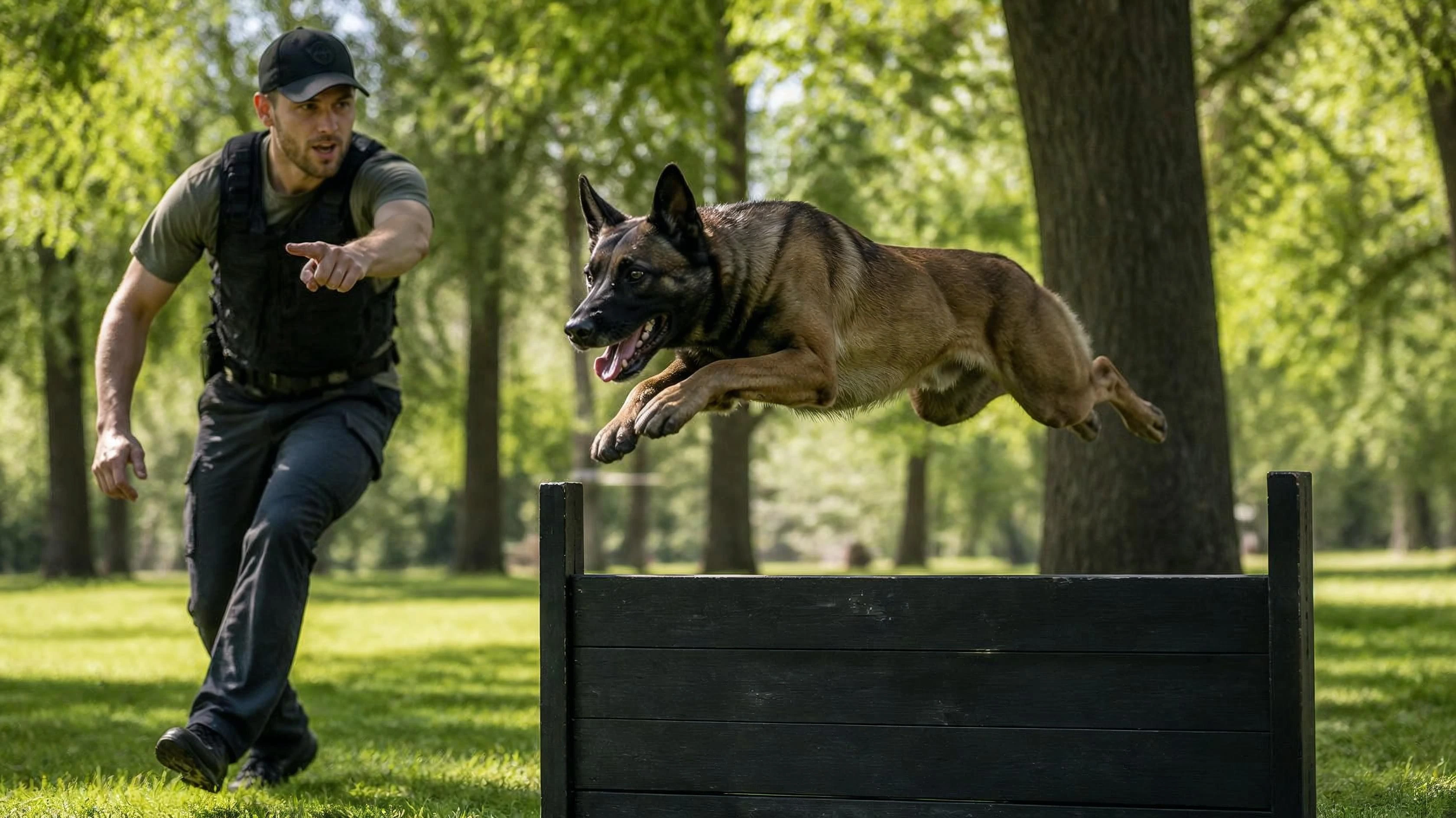 Dog outdoors during a training session with a handler