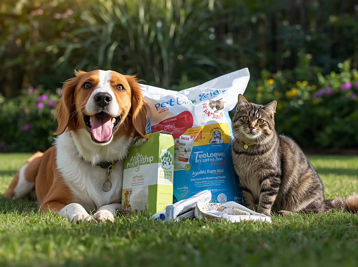 Dog and cat beside pet supplies representing first-year and lifetime ownership costs