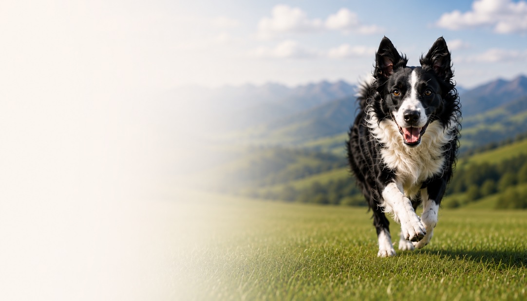 Border collie running through a mountain meadow