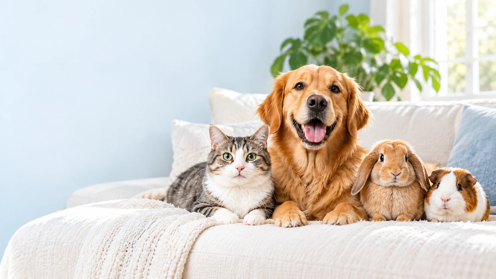 A golden retriever, cat, rabbit, and guinea pig relaxing together on a sofa