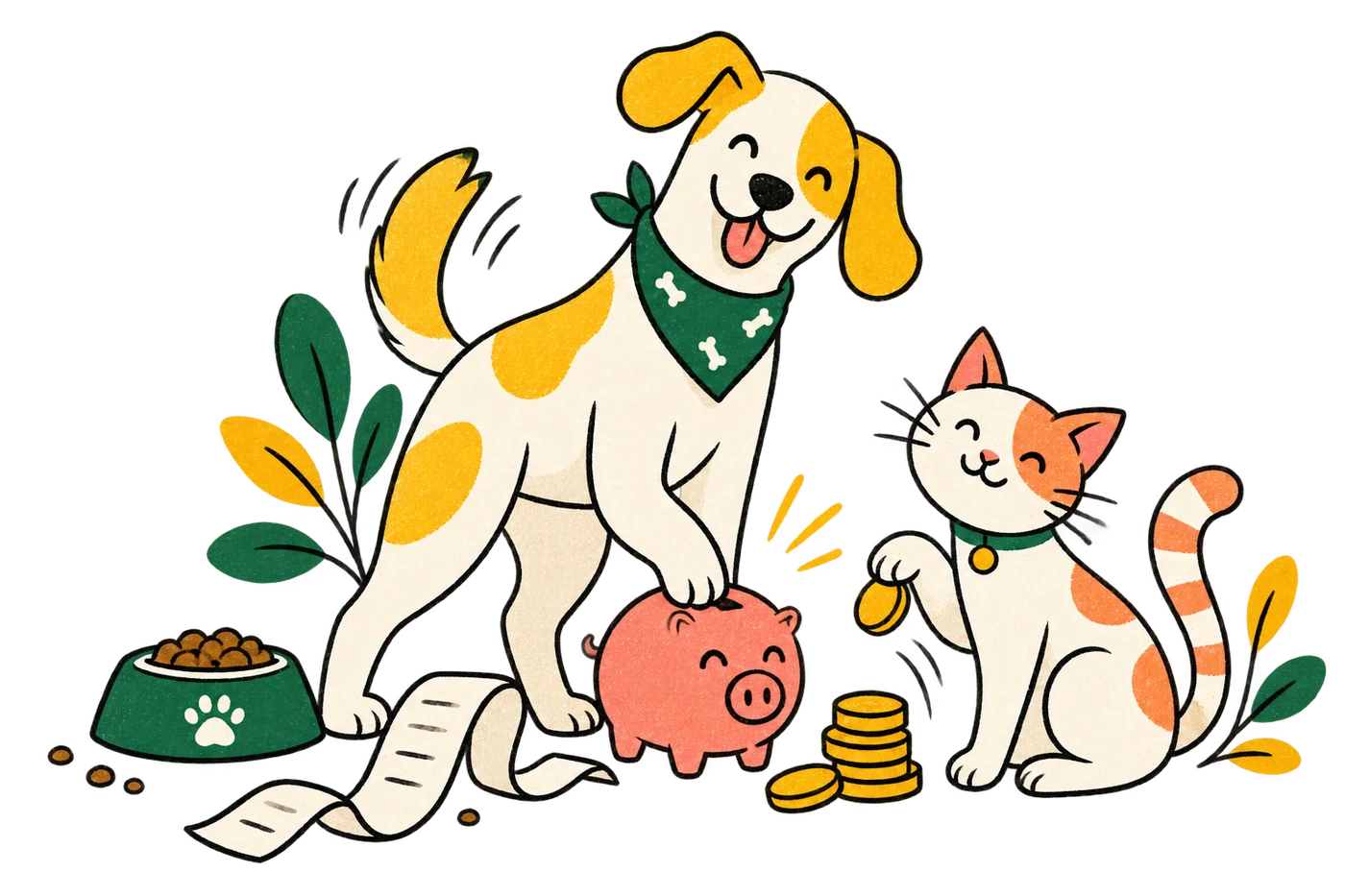 Playful hand-drawn dog and cat beside a pet food bowl, savings jar, coins, and a planning receipt