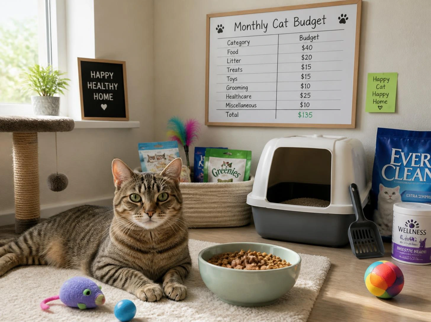 Indoor cat sitting beside food bowl, litter box, vet bill, and monthly cat budget chart