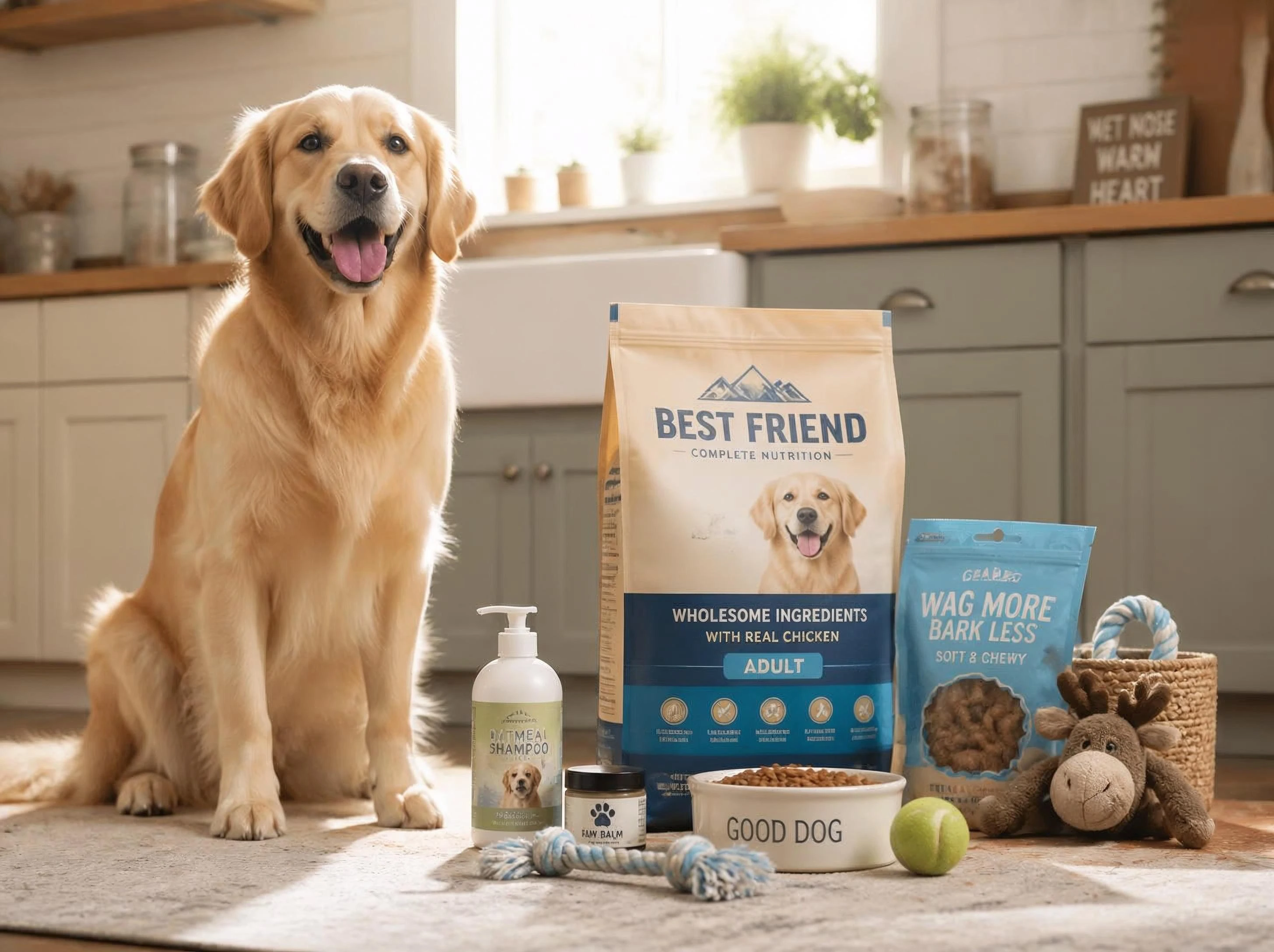 Dog sitting beside a bowl of dry dog food and a bag of kibble