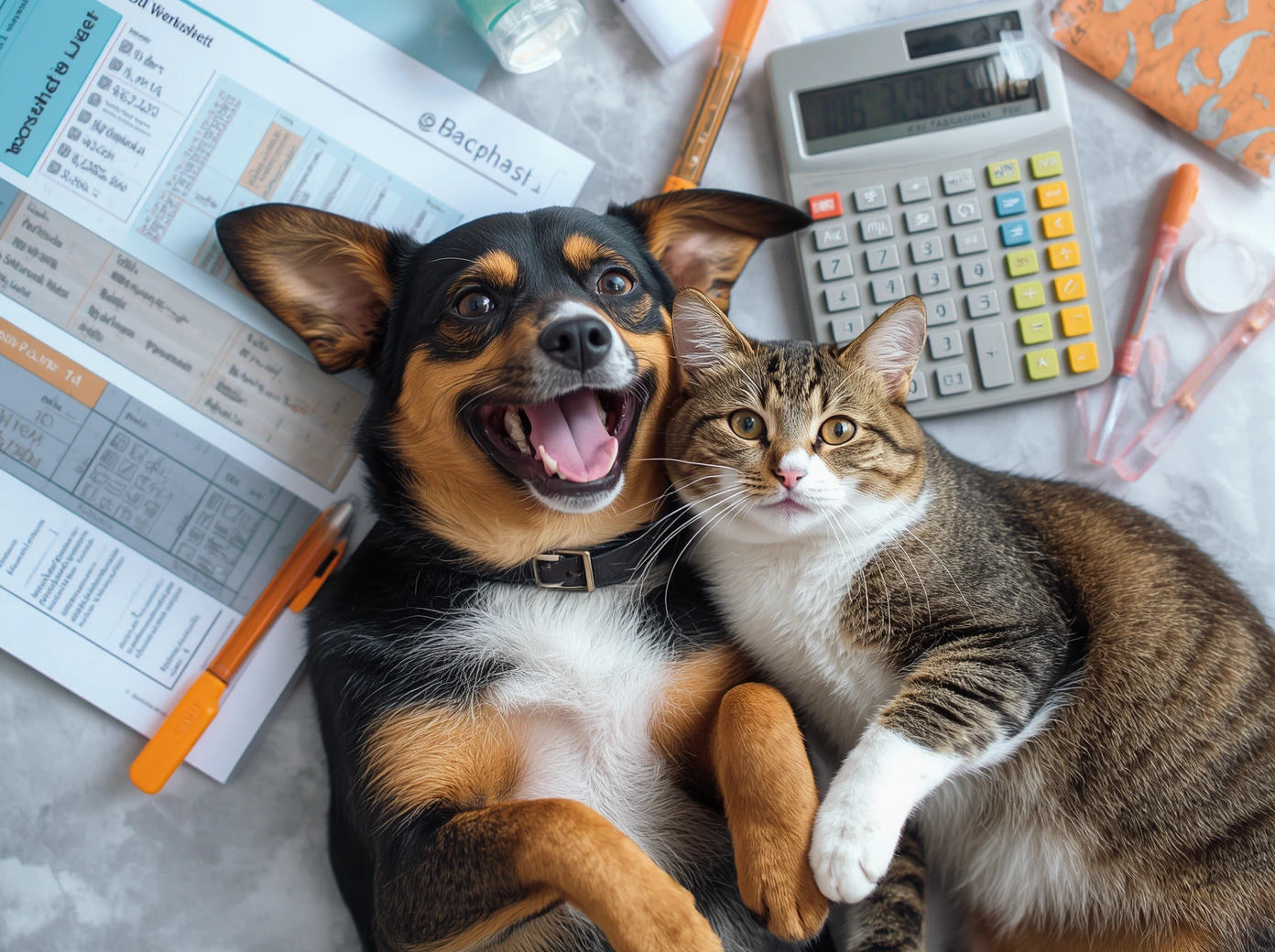 Dog and cat beside a household budget worksheet, calculator, and pet care supplies.