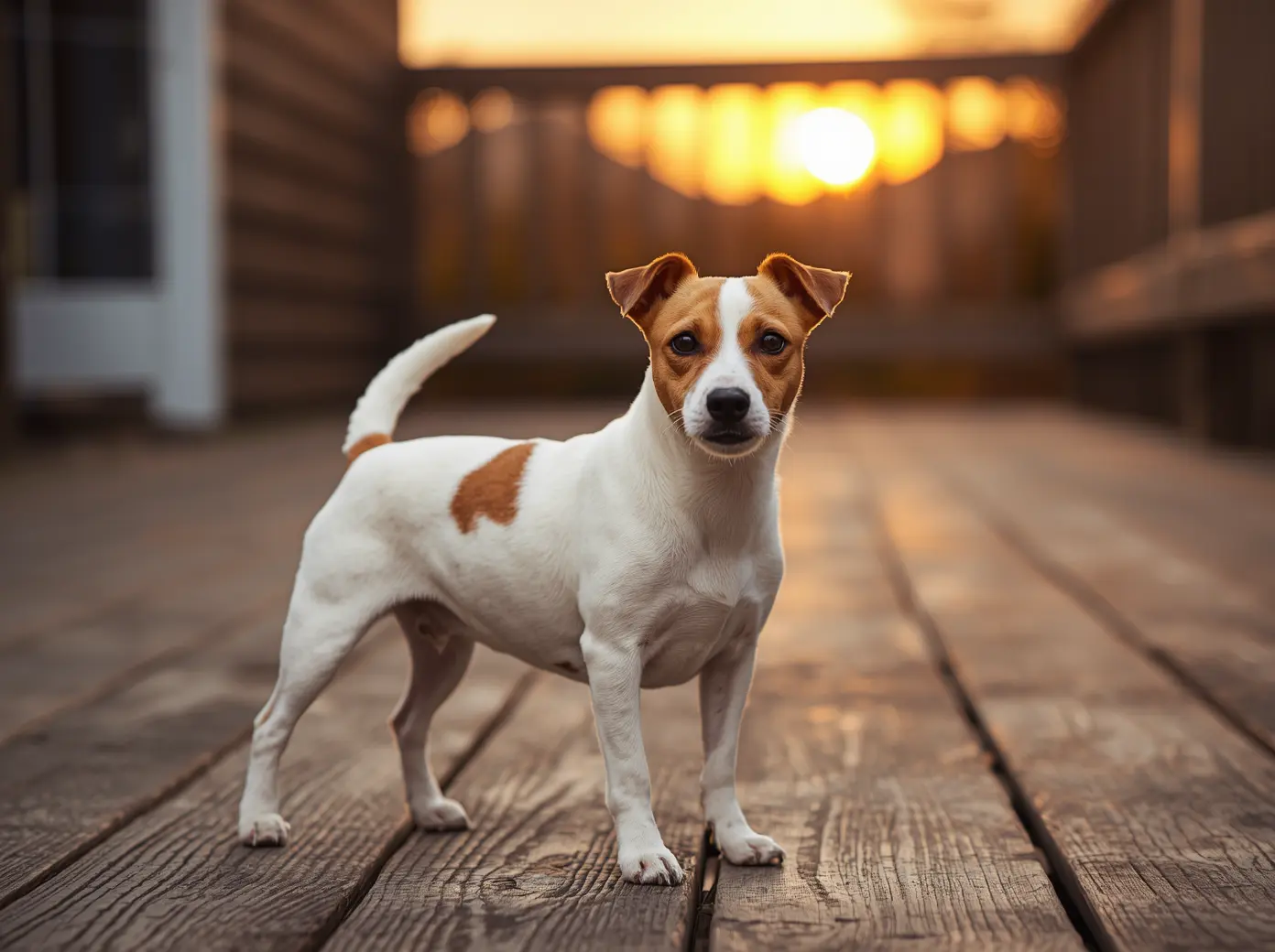 Small white and tan Jack Russell Terrier standing outdoors with an alert expression.