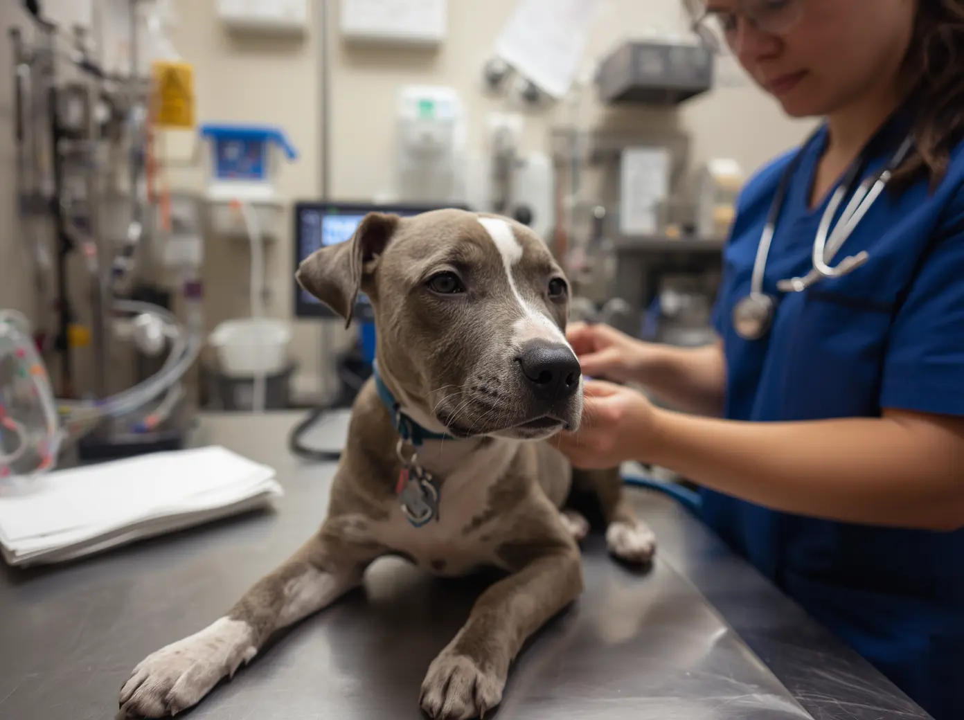 Sick puppy receiving IV fluids in a veterinary hospital isolation area while being monitored by veterinary staff.
