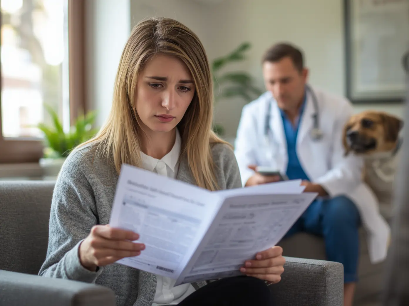 Pet owner reviewing a large veterinary bill and pet insurance claim information at a veterinary clinic.