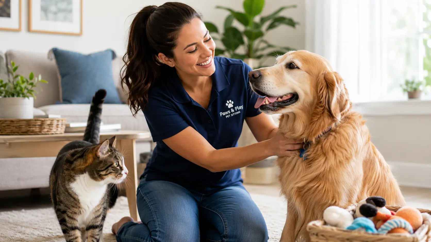 Pet sitter checking on a dog and cat at home with calendar, keys, food bowl, and pet sitting cost chart