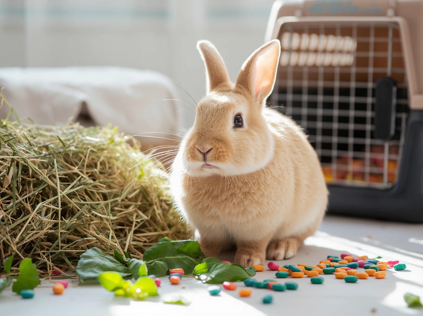 Pet rabbit beside hay, fresh greens, pellets, litter tray, carrier, and rabbit care supplies.