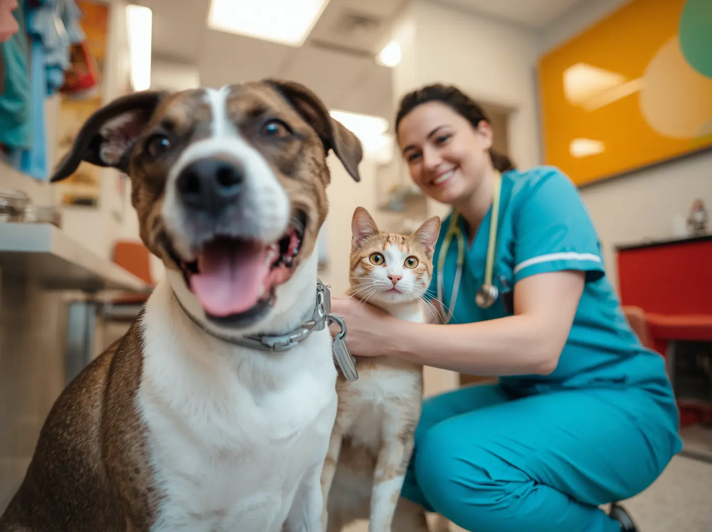 Dog and cat at a veterinary clinic with a veterinarian reviewing their care.