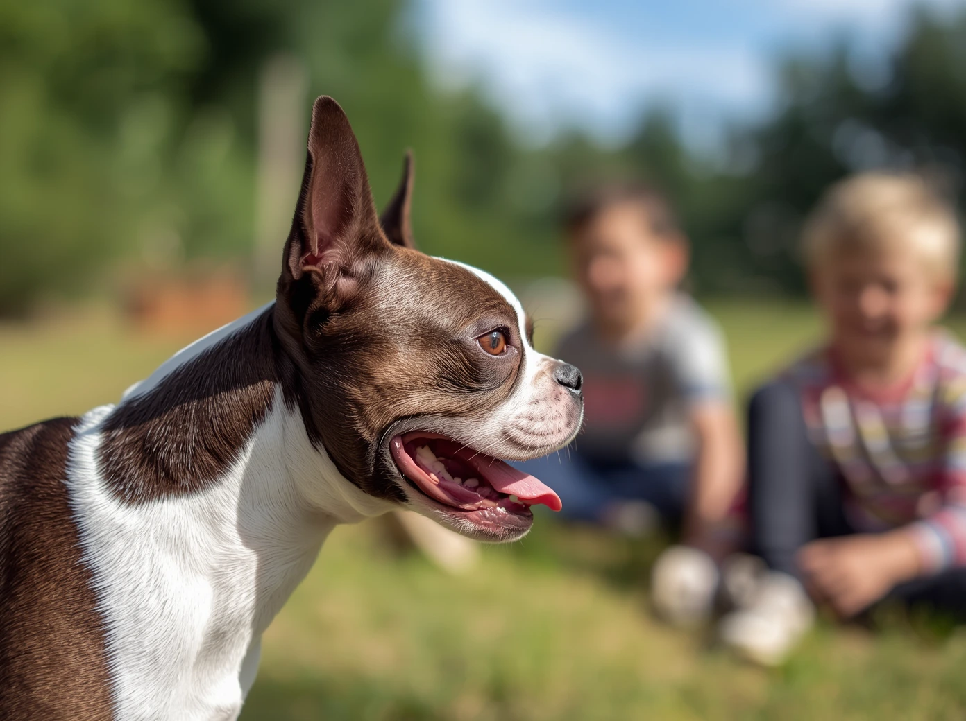 Boston Terrier with kids outdoors in a family setting