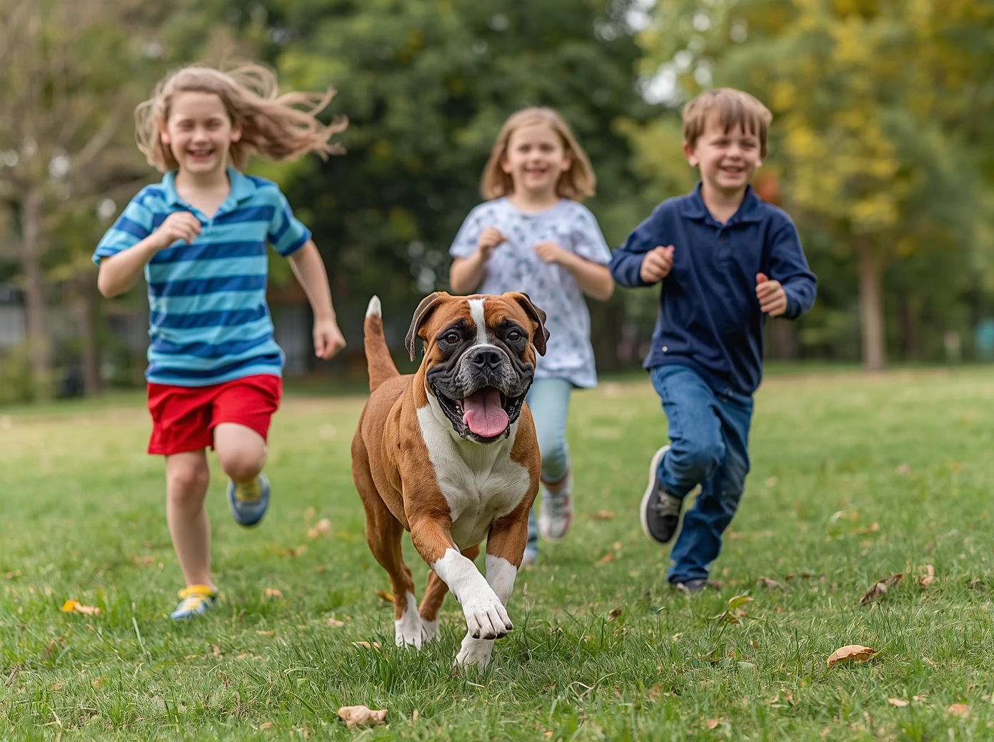 Boxer dog playing with kids outdoors in a park