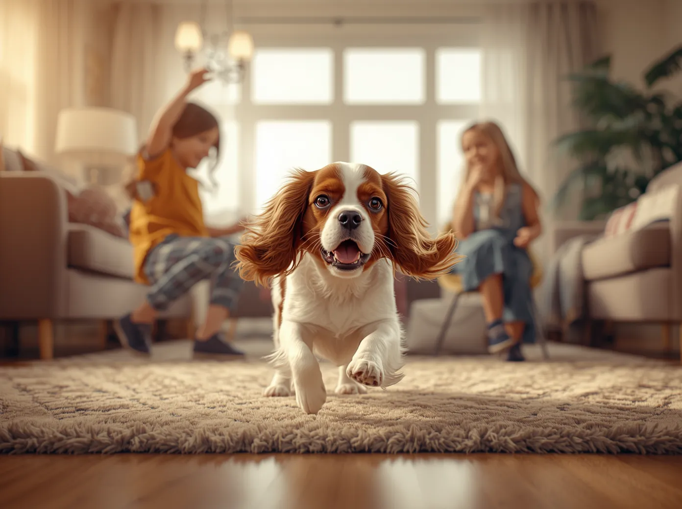 Cavalier King Charles Spaniel playing with kids
