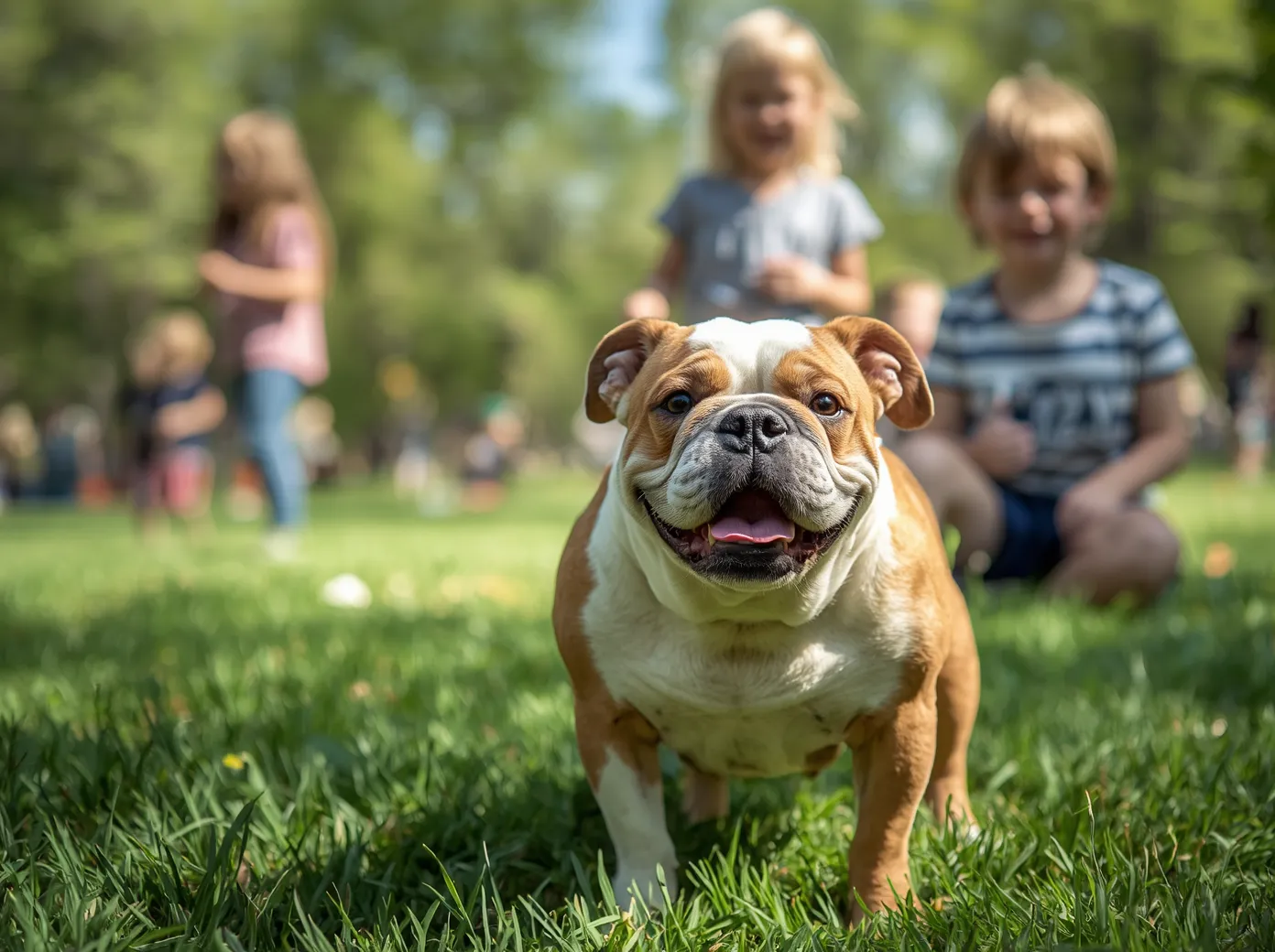 English Bulldog with kids in the park